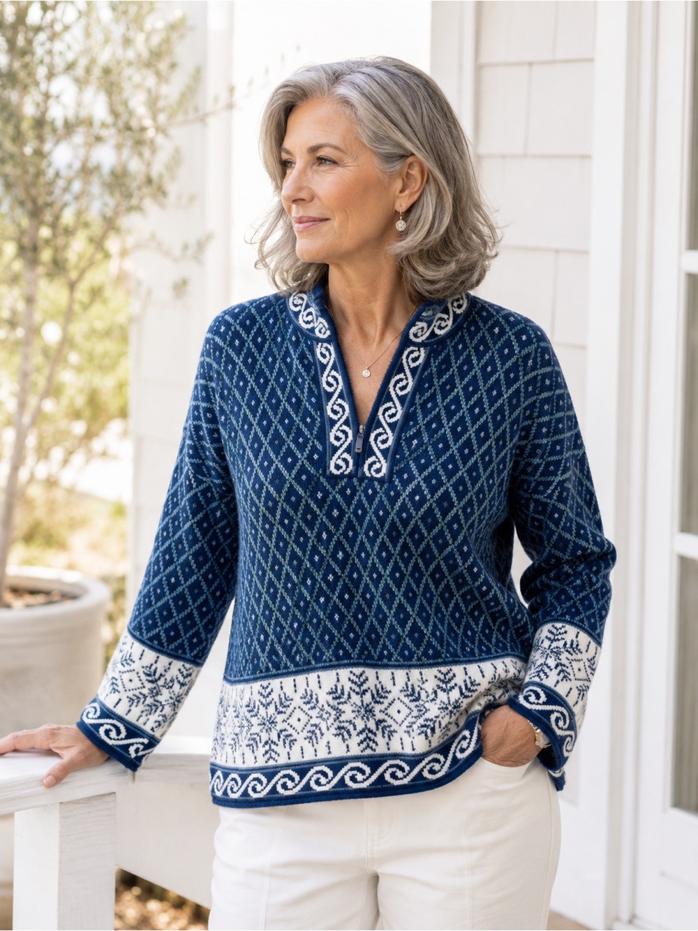 Alpaca Imports Blue/White Nordic Quarter Zip Hand Knit Peruvian Sweater Womens L